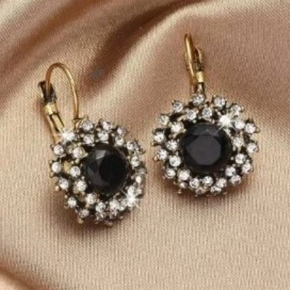 Boho Ethnic Jet Black Crystal Rhinestones Flower Drop Lever Back Earrings - NWT - Picture 11 of 12